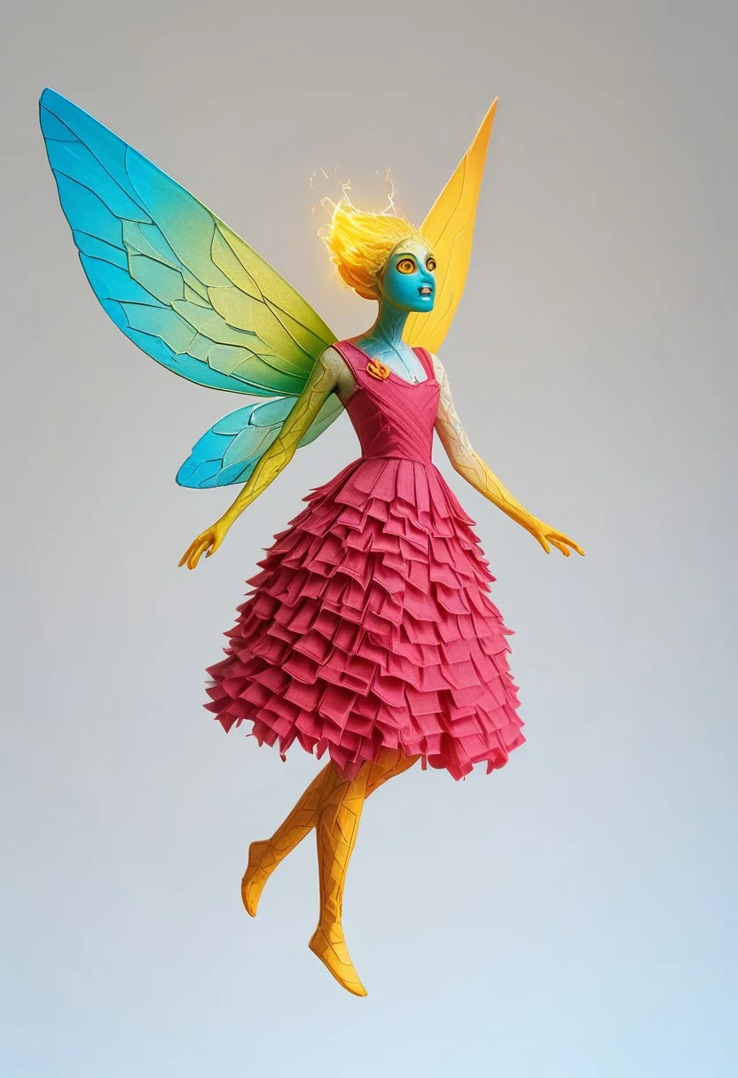 Fairy flying through a forest at sunset, reddish and yellowish colors, she dressed in a pink dress, made of filaments, her wings also made of white, green and fluorescent yellow filaments, all high definition, cinematic, truly real scene, 8k, expression of happiness, tranquility, very beautiful, very well-formed body, looking at the camera, blue eyes., electricity, glowing, portrait, colored skin, grey background, teeth, simple background, yellow eyes, skin made of electrical cables, clothing made from electrical cables, floating, indoors, wires, made of wires, cables, outlined with wires, wire sculpture, neon wire sculpture, gradient overlay, PonyXLV6_Scores