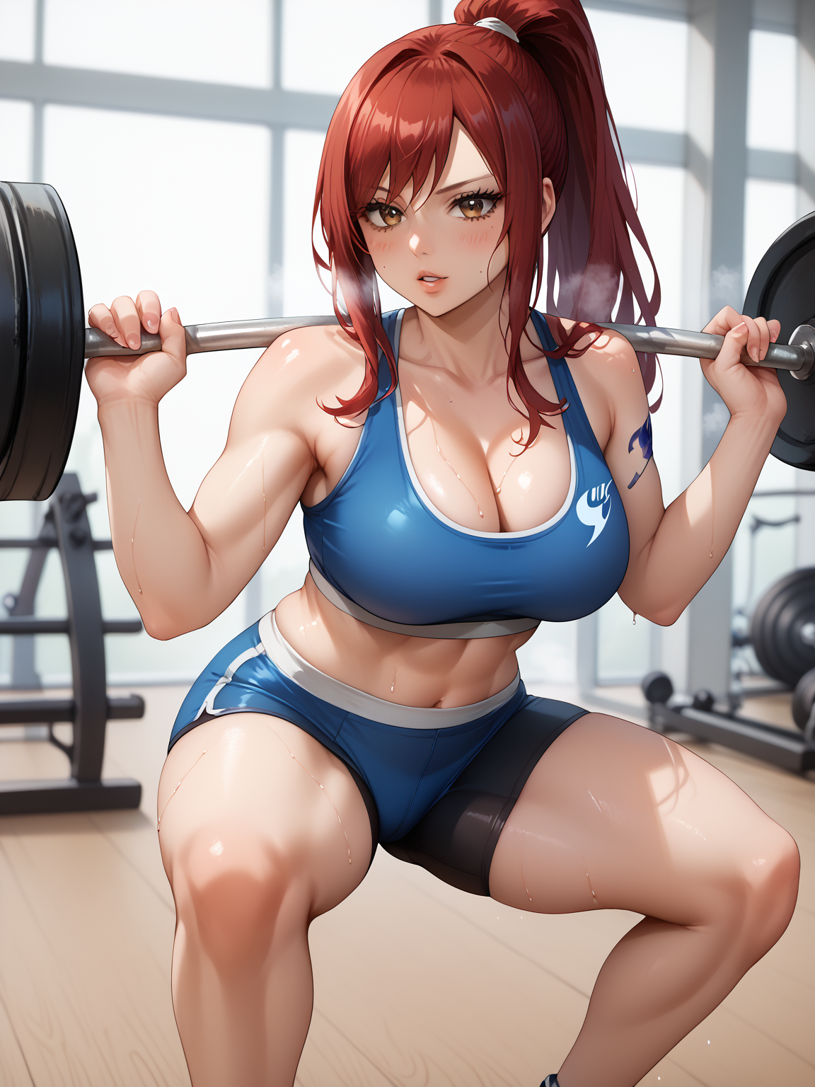 score_9, score_8_up, score_7_up, score_6_up, score_5_up, score_4_up, source_anime, detailed eyes, beautiful eyes, <lora:PONYXL_FD-MegaBreastPack:0.7>  <lora:Erza_Scarlet_V2_r1:1> ErzaScarlet, red hair, long hair, very long hair, hair over eye, brown eyes, sanpaku eyes, arm tattoo, blue tattoo, <lora:squat-exercise-ponyxl-lora-nochekaiser:0.7> squat exercise, squat (exercise), barbell, weightlifting, exercising, weights, gym, squatting, bike shorts, small sports bra, cleavage sweat, steam, parted lips, high ponytail, skindentation, focused,
