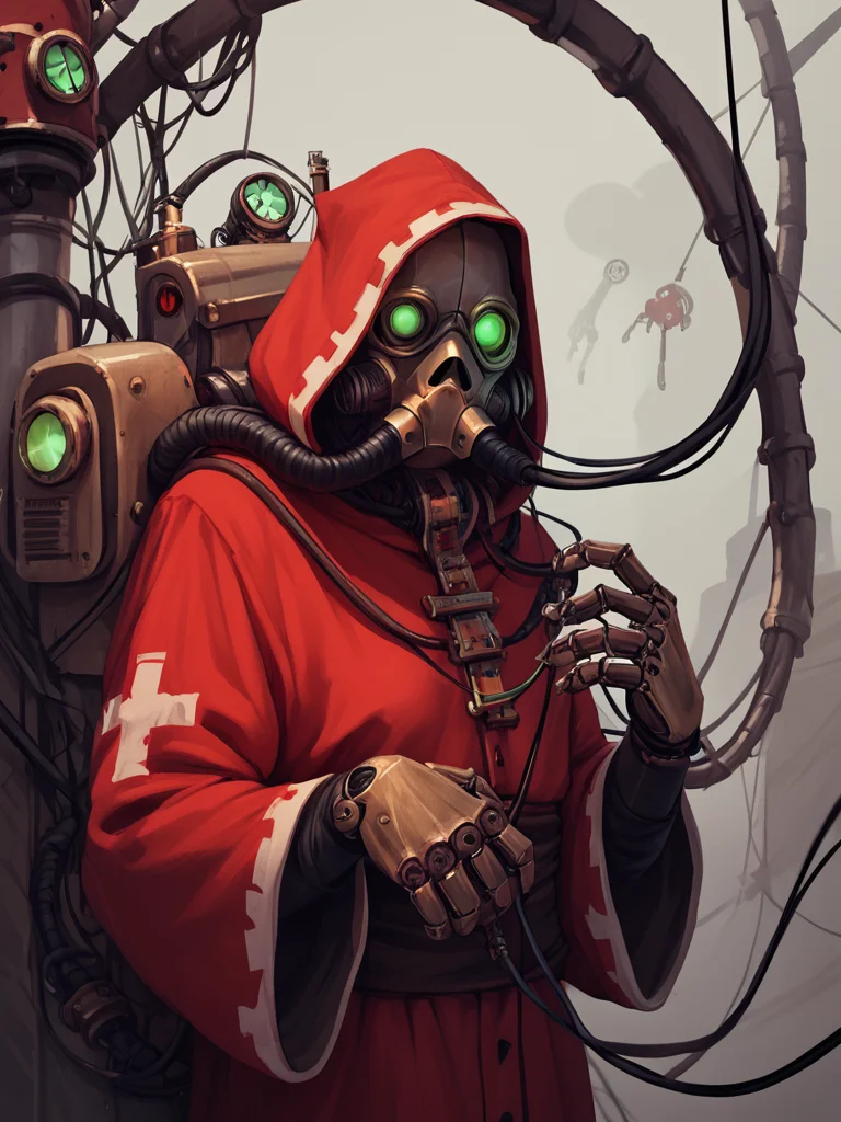 <lora:Admech:1> admech, hood, mask, glowing, tube, cable, glowing green eyes, goggles, red robe, gas mask, mechanical hands, wires, machinery,, score_9, score_8_up, score_7_up, score_6_up, score_5_up, score_4_up, BREAK