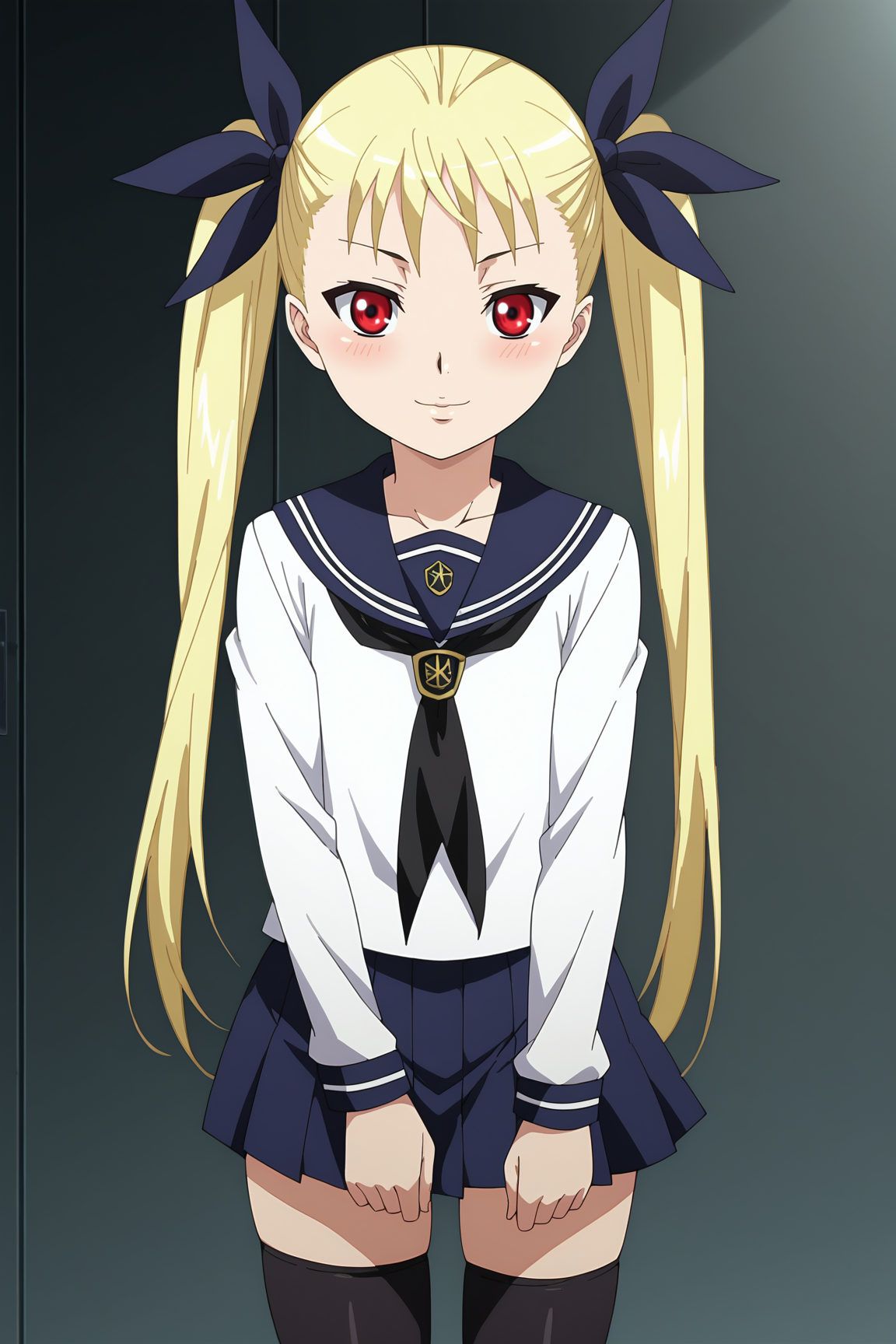 score_9, score_8_up, score_7_up, source anime, prefect lighting, very aesthetic, BREAK, anime screencap, anime coloring,
<lora:mina_tepes_v1:1>, 1girl, mina tepes, dance in the vampire bund, blonde hair, red eyes, flat chest, twintails, hair ribbon, serafuku, thighhighs, 
BREAK, light smile, blush, 
BREAK,