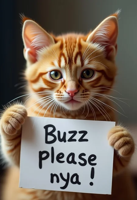 A close-up photo of a crying cat, Holding a sign saying "Buzz please nya"