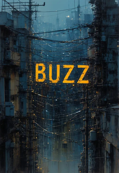 ,anime art , by Ashley Wood, create a ultra high detail Aerial perspective image of immensely dense power lines crisscrossing a retrotech city back alley, (((the word "BUZZ" formed by vibrating buzzing power lines))), (((the word "BUZZ" is clear legible and distinct))), electric sparks fly off in three dimensions, High depth of field, more detail, more hardware, more power lines, Max intense numbers of power lines in manner and style similar to Basquiat,
Turing Patterns background, where color creates an illusion of depth, producing a parallax effect that draws the viewer's eye in, as if the subject is emerging from a vortex of swirling, dark, and mysterious patterns, the word "BUZZ" blend of soft, ethereal features and sharp, geometric lines, with a three-quarter view that invites the viewer to step into a world where the boundaries between reality and abstraction blur.