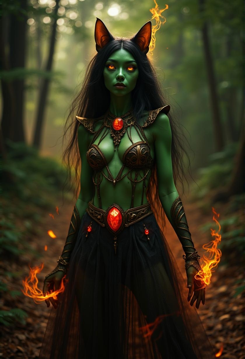 <lora:mrpcanrnet2.safetensors:1> mrphAn otherworldly cat-girl with vibrant green skin, long black hair, and mesmerizing yellow eyes stands in a mystical forest setting. She wears an intricate red gemstone costume amidst swirling digital flames, radiating an aura of quiet power.