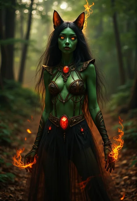 <lora:mrpcanrnet2.safetensors:1> mrphAn otherworldly cat-girl with vibrant green skin, long black hair, and mesmerizing yellow eyes stands in a mystical forest setting. She wears an intricate red gemstone costume amidst swirling digital flames, radiating an aura of quiet power.