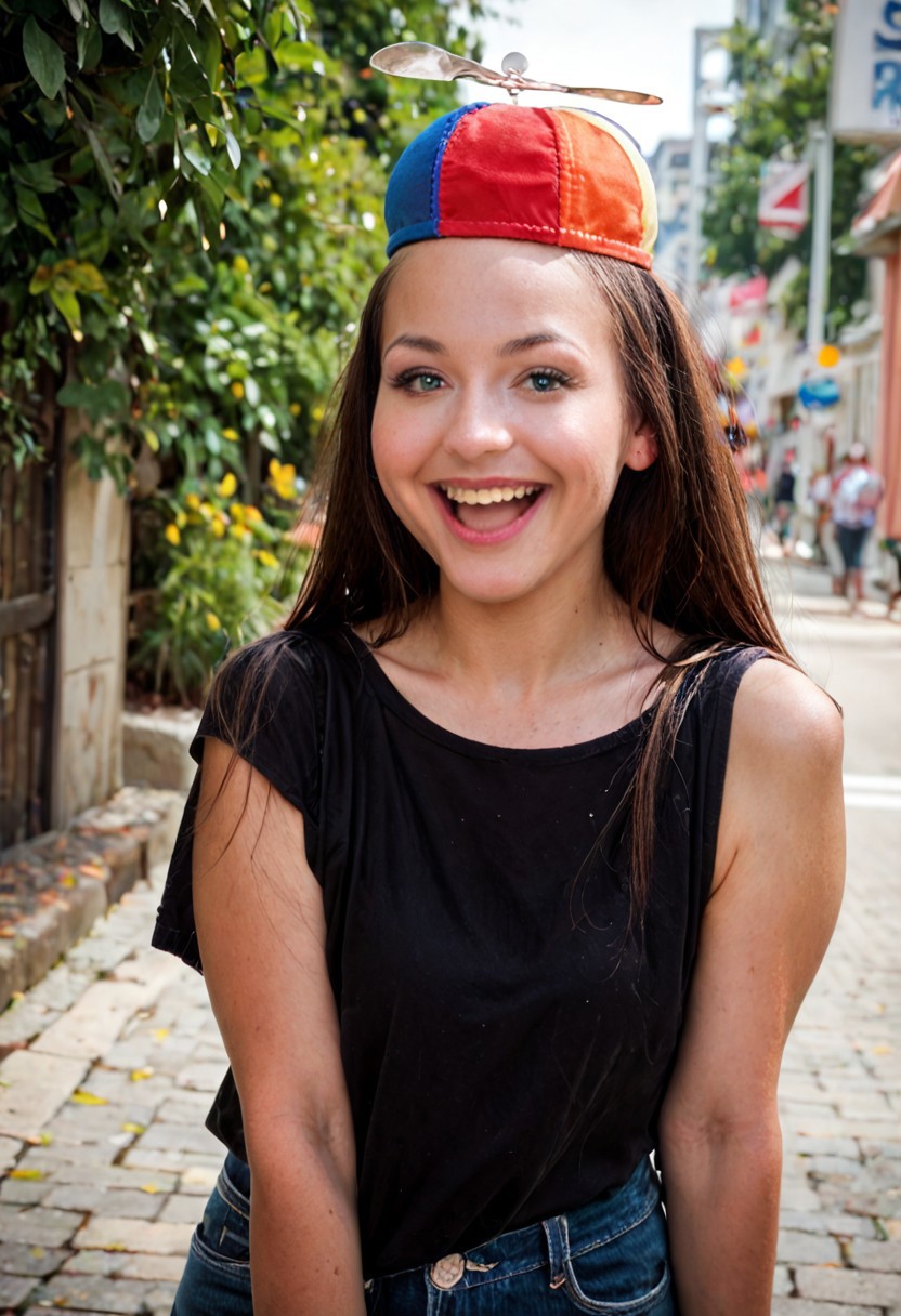 score_9, score_8_up, score_7_up, score_6_up
propeller hat, propellerhat, propeller hat \(object\),  standard propeller hat,  beanie with propeller, 
1girl, solo, smile, open mouth, shirt, female focus, black shirt,  realistic, street background