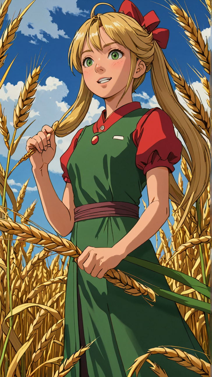 <lora:detailed_notrigger:1>,haruhuru_8686,green_dress,smile,cornucopia,dress,standing,shin_megami_tensei,holding_wheat,blonde_hair,1girl,absurdres,demeter_\(megami_tensei\),looking_up,ponytail,highres,red_background,simple_background,solo,red_eyes,wheat,closed_mouth, masterpiece, best quality, amazing quality, very aesthetic, high resolution, ultra-detailed, absurdres, newest,Masterpiece, best quality, amazing quality, very aesthetic, high resolution, ultra-detailed, absurdres, HDR,, (Studio ghibli style, Art by Hayao Miyazaki:1.2), Anime Style, Manga Style, Hand drawn, cinematic, Sharp focus, humorous illustration, big depth of field, Masterpiece, concept art, trending on artstation, Vivid colors, Simplified style, trending on ArtStation, trending on CGSociety, Intricate, Vibrant colors, Soft Shading, Simplistic Features, Sharp Angles, Playful, masterpiece, best quality, amazing quality, very aesthetic, absurdres,  newest, (scenery, volumetric lighting),âââ