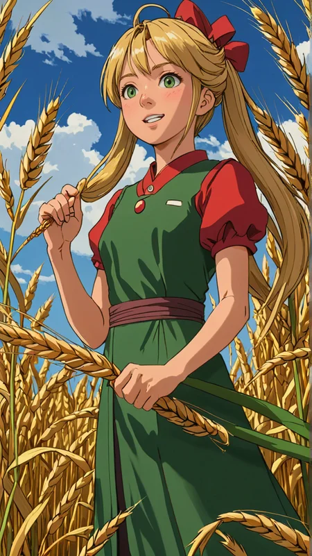 <lora:detailed_notrigger:1>,haruhuru_8686,green_dress,smile,cornucopia,dress,standing,shin_megami_tensei,holding_wheat,blonde_hair,1girl,absurdres,demeter_\(megami_tensei\),looking_up,ponytail,highres,red_background,simple_background,solo,red_eyes,wheat,closed_mouth, masterpiece, best quality, amazing quality, very aesthetic, high resolution, ultra-detailed, absurdres, newest,Masterpiece, best quality, amazing quality, very aesthetic, high resolution, ultra-detailed, absurdres, HDR,, (Studio ghibli style, Art by Hayao Miyazaki:1.2), Anime Style, Manga Style, Hand drawn, cinematic, Sharp focus, humorous illustration, big depth of field, Masterpiece, concept art, trending on artstation, Vivid colors, Simplified style, trending on ArtStation, trending on CGSociety, Intricate, Vibrant colors, Soft Shading, Simplistic Features, Sharp Angles, Playful, masterpiece, best quality, amazing quality, very aesthetic, absurdres,  newest, (scenery, volumetric lighting),âââ
