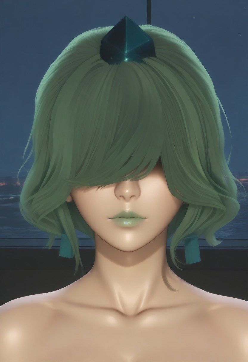 1girl, solo, solo focus, highres, absurdres, CL_Levit, long bangs, hair over eyes, green hair, lipstick, shiny lips, green lips, short hair, wavy hair, tiny hat,
collarbone, close-up, face focus,
looking at viewer, head tilt, closed mouth,
indoor, cityscape, neon lights, window, dark, night, night sky, light particles, backlighting, shade,