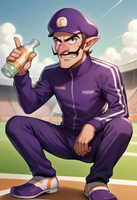 score_9, score_8_up, source_anime, 1boy, solo, Waluigi, mustache, teeth, pointy ears, brown hair, hat, purple headwear, slav squatting, tracksuit, vodka, holding bottle, <lora:ChamWaluigiPonyXL:1>,