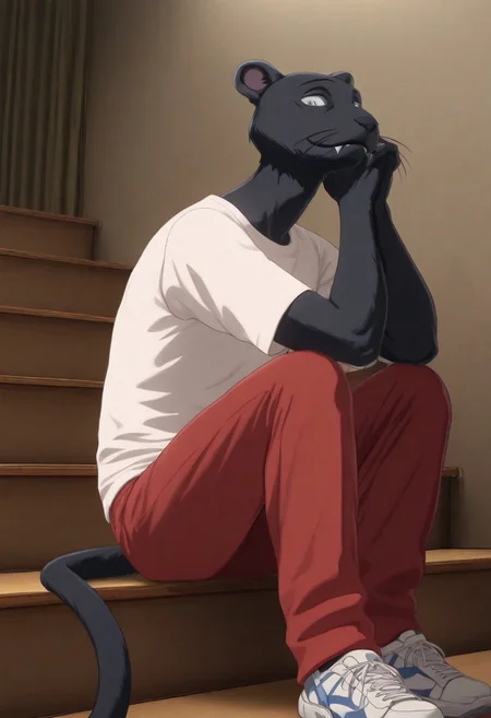 masterpiece, best quality, amazing quality, very aesthetic, absurdres, newest,  high quality, detailed, male, solo male, TaoBeastars, 1boy, mature male, male, athletic build, anthro, black panther, animal ears, black fur, grey blue eyes, round ears, whiskers, white t-shirt, red pants, sneakers, half body, looking at viewer, smiling, fangs, sitting on stairs, drama club, club room