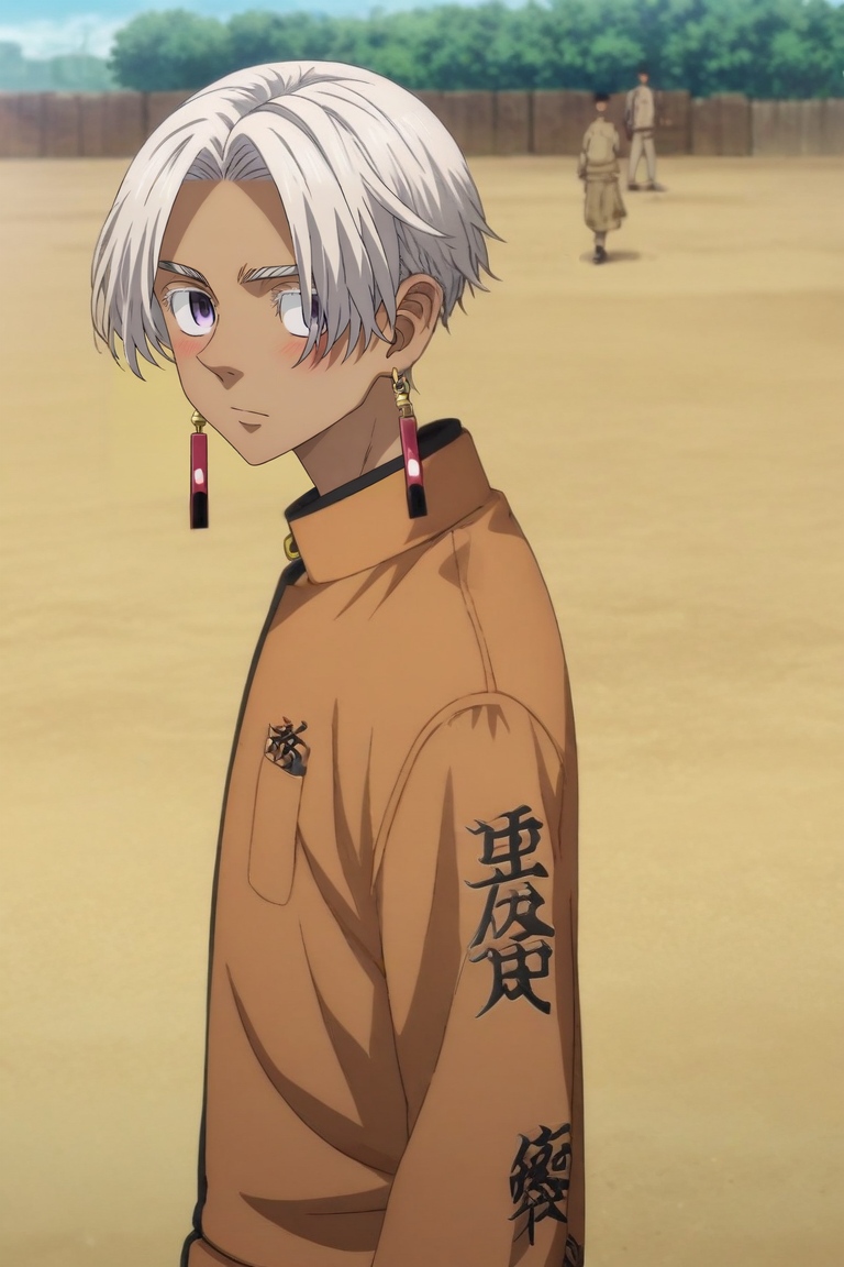 score_9, score_8_up, score_7_up, source_anime, rating_safe, , semi-realistic, looking at viewer, , 1boy, solo, male focus, <lora:izana_kurokawa_pony:0.92>, izana_kurokawa, white hair, purple eyes, short hair, dark skin, dark-skinned male, earrings, tassel earrings, symmetry, sahara desert, day, one leg up, shy, blush, , <lora:sdxl_lightning_8step_lora:1>