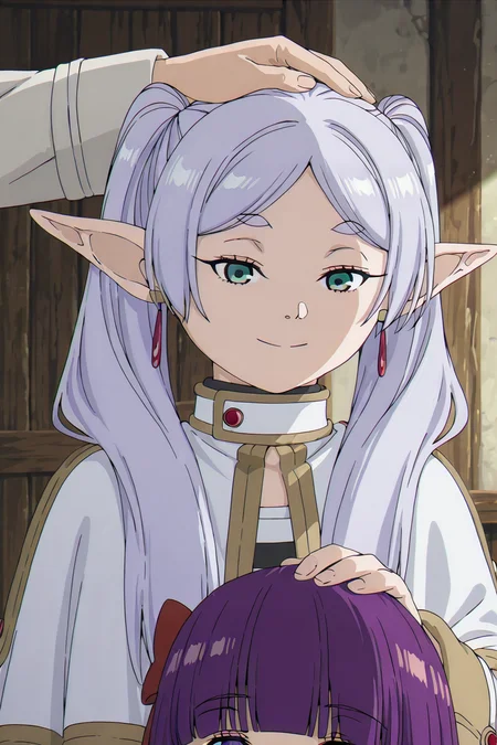 shiny skin, posing,
<lora:soufrie.il:1.0>,
soufrie,
2girls,
smile, frieren, head pat, hand on another's head,
lorn,
upper body, size difference,