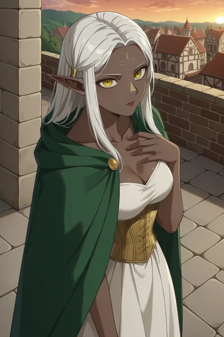 score_9, score_8_up, score_7_up, source_anime, 1girl, prefect lighting, very aesthetic, intricate details, highly detailed background, masterpiece, high quality, prefect hands, best quality, solo,
<lora:Cithis_Dungeon_Meshi_V4:.85>, KJOcithis, yellow eyes, dark elf, pointy ears, elf, forehead mark, dark skin, white hair, long hair, notched ear,
white dress, long white dress, bare shoulders, gold corset, green cape, cape strap,
From above, serious, looking at viewer, hand on chest,
medieval, town, stone road, storefront, vendor stalls, market, sunset, clouds,
(Beautiful, medium Breasts:1.2), natural breasts,