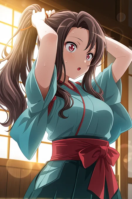 masterpiece, best quality, amazing quality,
 <lora:Rui_IL:1> rui, 1girl, japanese clothes, solo, ponytail, skirt, hakama, long hair, hakama skirt, adjusting hair, brown hair, red eyes, tying hair, :o, sweat, arms up, lens flare