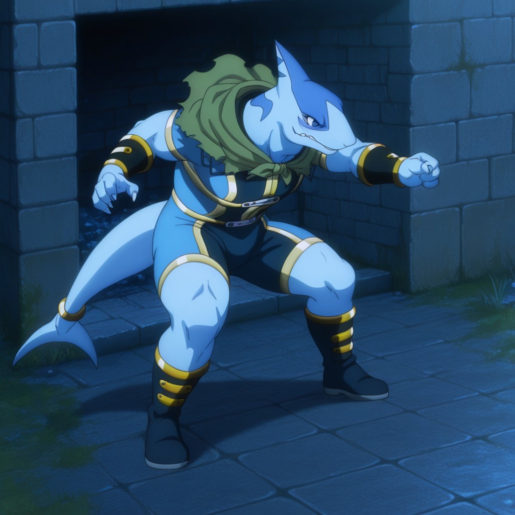 masterpiece, best quality, amazing quality, Arabaslfil, anthro, male, shark, blue skin, blue eyes,  gold trimmed blue bodysuit, gold armbands, gold trimmed dark blue bracers, gold trimmed dark blue boots, green capelet, gold tail ring, outside, fighting stance, 1boy, solo
