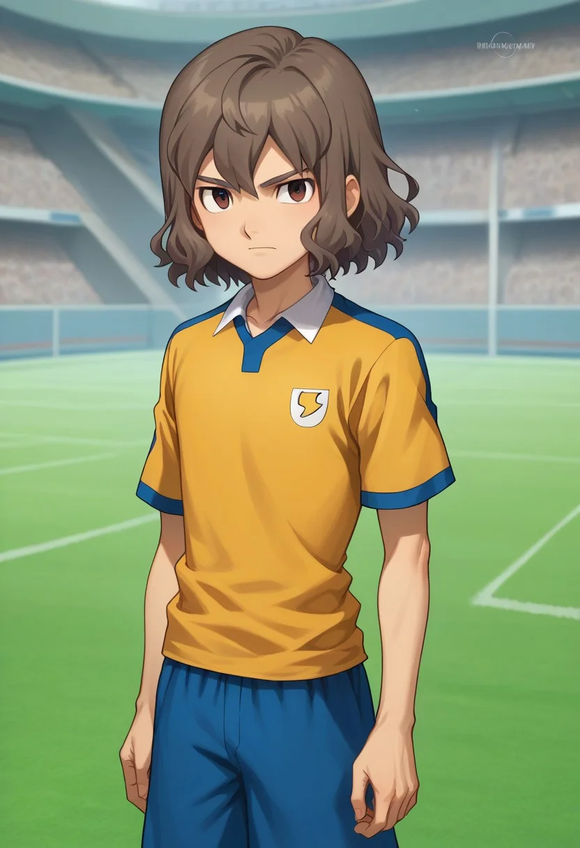 score_9, score_8_up, score_7_up, source_anime, highly detailed, 

takuma, 1boy, male focus, solo, grayish-brown hair, brown eyes, sportwear, soccer uniform, raimon soccer uniform, raimon, shirt, yellow shirt, short sleeves, shorts, blue shorts,

outdoor, 