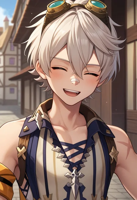 score_9, score_7_up, source_anime,
bennett, 1boy, male focus, solo, closed eyes, grey hair, short hair, hair between eyes, bangs, goggles, goggles on head, bandaid, bandaid on nose, shirt, white shirt, sleeveless, collarbone, scar, scar on arm, upper body, smile, open mouth, blush,
outdoor, village, medieval,