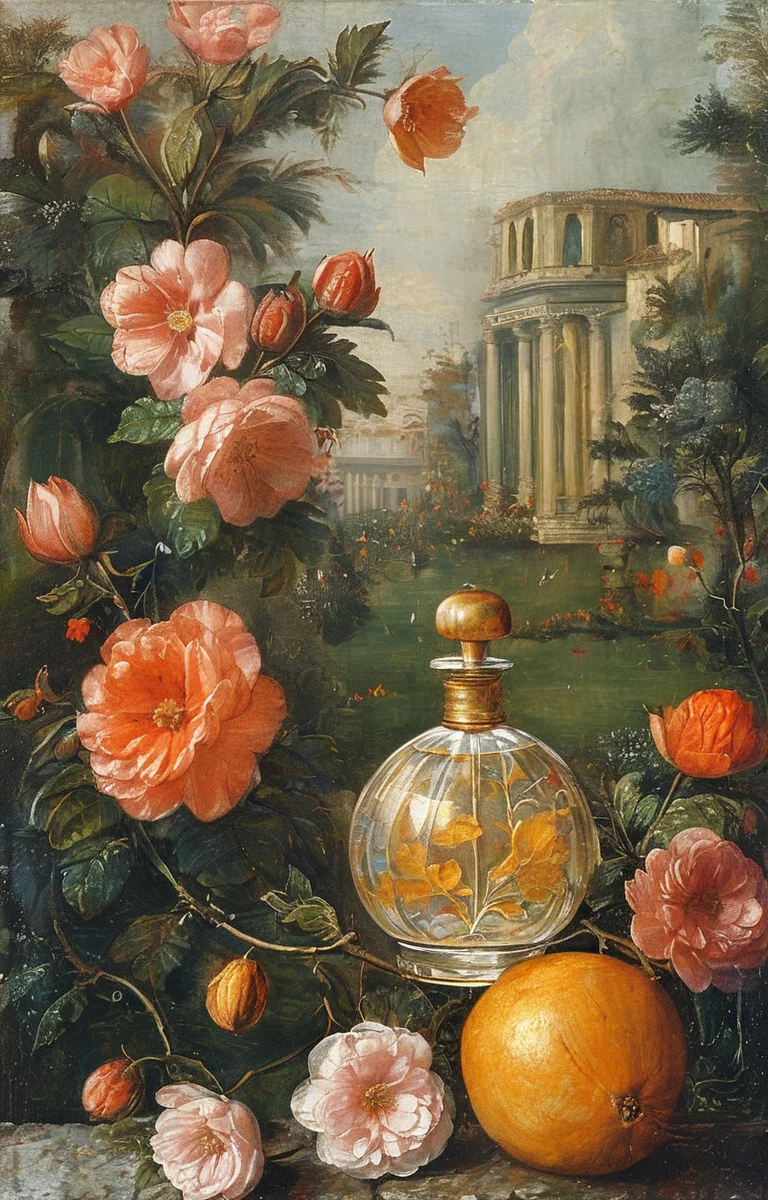 masterpiece,best quality,<lora:tbh195-sdxl:0.9>,illustration,style of Titian, A bottle of perfume in garden