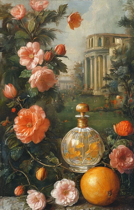 masterpiece,best quality,<lora:tbh195-sdxl:0.9>,illustration,style of Titian, A bottle of perfume in garden