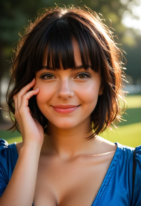 score_9, score_8_up, score_7_up, score_6_up, zPDXL, zPDXLxxx, (nsfw), cinematic color, photo, close up portrait photo, cosplay, (realistic photograph), (photorealistic), face realistic, rating_explicit, masterpiece, best quality, highly detailed, 1girl, plump woman, cheeky smile, hand on face, perfect skin, standing, medium black fringed hair, short fringe, large breasts, dappled sunlight, park, sky blue jumpsuit, zipper,
realistic, hyper realistic,  <lora:more_details:1>  <lora:sinfully_stylish_SDKL:1> <lora:extremely_detailed:1>