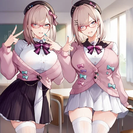 safe_pos, safe_pos, safe_pos, safe_pos, safe_pos, score_9, score_8_up, score_7_up, score_6_up, masterpiece, source_anime, high quality, perfect face, perfecteyes, perfect balance, detailed face, perfect lighting, eyebrows visible through hair, sukoya3rd, mole under eye, x hair ornament, hairclip, school uniform, white shirt, black sailor collar, serafuku, black skirt, glasses, white thighhighs, thighhighs, suzuhara lulu, virtual youtuber, brown hair, medium hair, blue eyes, black beret, hair bow, striped bow, pink bow, x hair ornament, white shirt, striped bowtie, black bowtie, jewelry, center frills, pink cardigan, multicolored bow, long sleeves, black bow, blue nails, ring, layered skirt, pink stripes, pink skirt, vertical-striped skirt, vertical-striped pantyhose, SimplePositiveXLv2, newest, absurdres, highres, very aesthetic, 200 cm tall,
steamy, MAIDOLL, 2girls, full body shot, aroused flirting, long_legs, tall girl, tall_girl,long_legs, soles, showing soles, sole focus, feet, feet focus, large breasts, steaming feet, fangs, low angle, dsocks, steam, long toes,
skindentation, angry, disgusted, indoors, bedroom, window, dimly lit, night