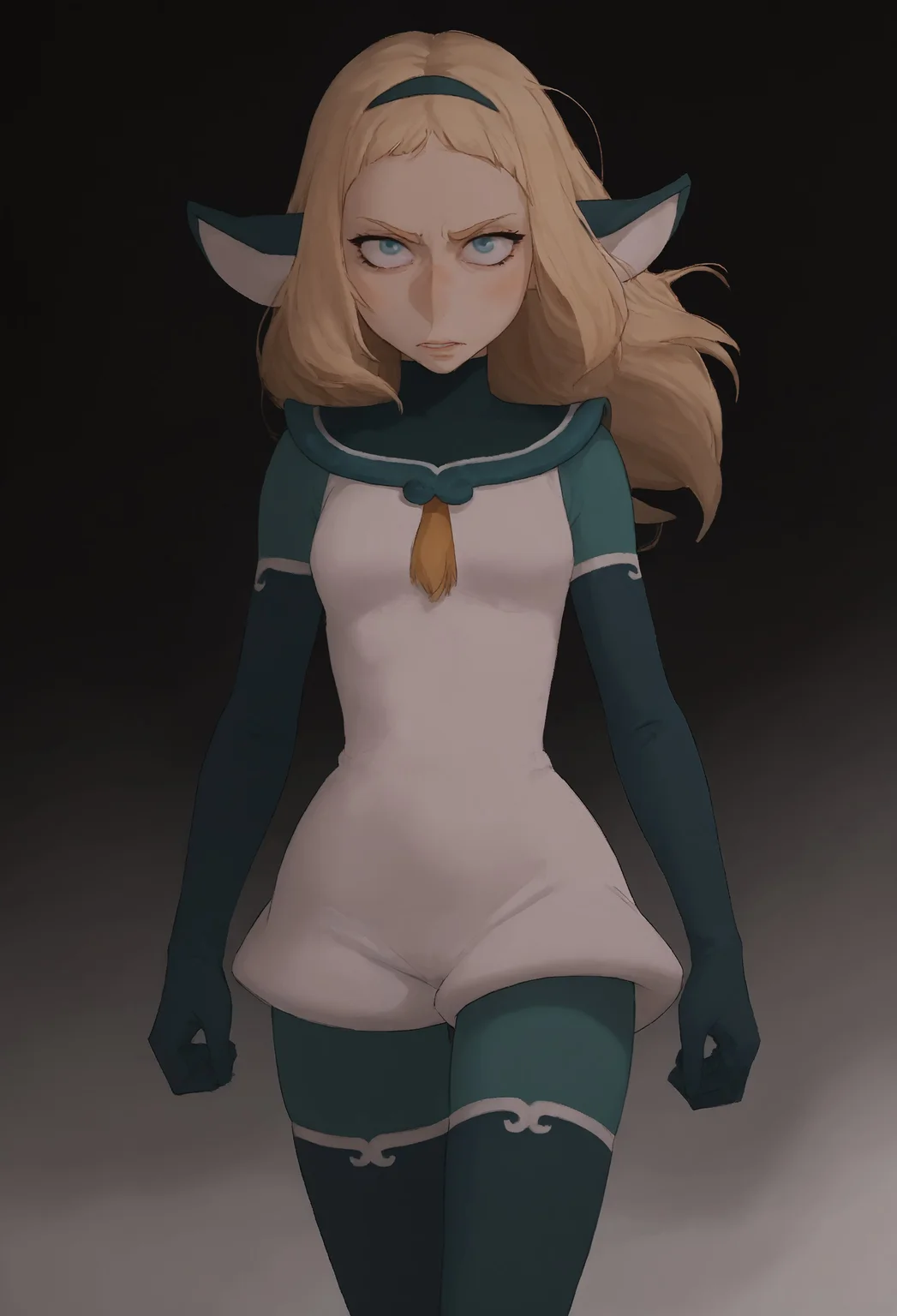 bakara, 1girl, blonde hair, long hair, big long pointed nose, solo, animal ears, aqua eyes, bodysuit, hairband, gloves, boots
