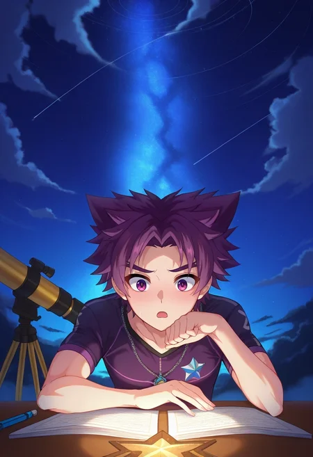 masterpiece, best quality, intricate details, , , , 1boy, solo, male focus, <lora:yoichi_yukimura_ilxl:1>, yoichi_yukimura, purple hair, purple eyes, short hair, spiked hair, , sky observatory, cloud platforms, star maps, telescope arrays, studying pose, fascinated expression, night, ,