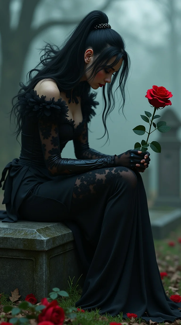 The image is a highly detailed, photorealistic CGI rendering of a beautiful woman with a strikingly elaborate, vampire-inspired outfit. She is sitting in a cemetery, she is sad and crying as she mourns for her lost lover, she has placed a single red rose on a gravestone