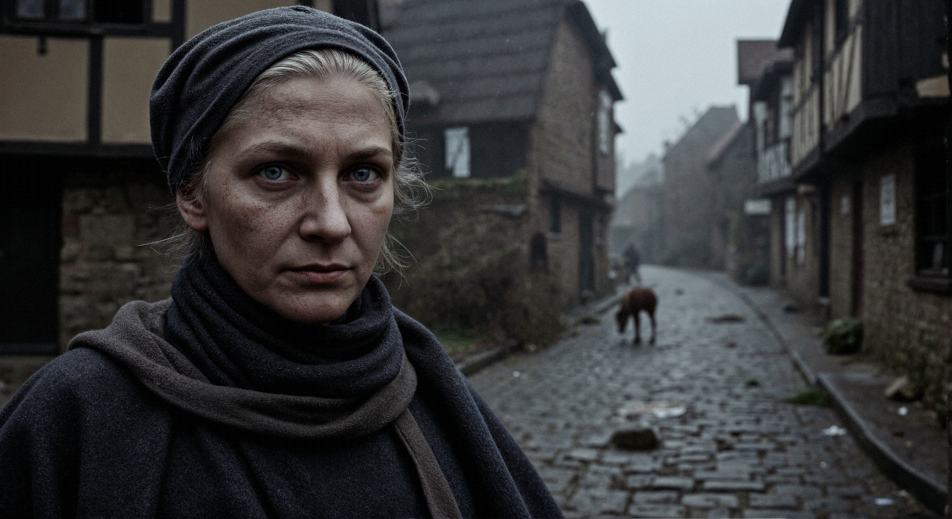 aidmarealisticskin. This is a high-resolution photograph of a 80 years old, weathered woman in a 16th-century town ravaged by the Black Death. The cobblestone streets, uneven and treacherous, are slick with rain and shrouded in a thick fog that obscures the dim light of the winter day.  A lone, skeletal dog scavenges amongst the refuse strewn across the street. In the distance, a lone horse stands dejectedly in front of a half-timbered inn, its sign creaking ominously in the wind.  The houses, their wattle and daub walls showing signs of decay and neglect, loom over the narrow street, their windows dark and lifeless. Washing hangs limply from a second-story window, a forlorn attempt at normalcy in the face of tragedy.  The woman's face is etched with wrinkles and sorrow, her eyes reflecting the grim reality of the plague-stricken town. She wears a dark, heavy woolen dress, the fabric coarse and worn, and a shawl pulled tightly around her shoulders against the biting cold.  Her grey hair is covered by a simple linen cap. The air is heavy with the smell of damp earth, decay, and woodsmoke. The overall mood is one of despair and desolation, capturing the bleak aftermath of the plague in a 16th-century European town. Something very cruel happened to this extremely old woman,the marks and injuries of that are visible on her face.