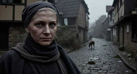 aidmarealisticskin. This is a high-resolution photograph of a 80 years old, weathered woman in a 16th-century town ravaged by the Black Death. The cobblestone streets, uneven and treacherous, are slick with rain and shrouded in a thick fog that obscures the dim light of the winter day.  A lone, skeletal dog scavenges amongst the refuse strewn across the street. In the distance, a lone horse stands dejectedly in front of a half-timbered inn, its sign creaking ominously in the wind.  The houses, their wattle and daub walls showing signs of decay and neglect, loom over the narrow street, their windows dark and lifeless. Washing hangs limply from a second-story window, a forlorn attempt at normalcy in the face of tragedy.  The woman's face is etched with wrinkles and sorrow, her eyes reflecting the grim reality of the plague-stricken town. She wears a dark, heavy woolen dress, the fabric coarse and worn, and a shawl pulled tightly around her shoulders against the biting cold.  Her grey hair is covered by a simple linen cap. The air is heavy with the smell of damp earth, decay, and woodsmoke. The overall mood is one of despair and desolation, capturing the bleak aftermath of the plague in a 16th-century European town. Something very cruel happened to this extremely old woman,the marks and injuries of that are visible on her face.