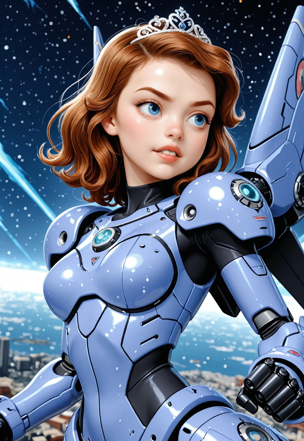 masterpiece, best quality, amazing quality, very aesthetic, absurdres, newest,
1girl, sofia_tf, brown hair, blue eyes, tiara, cute, shortstack, upper body, mecha, mecha musume, dynamic, dynamic angle, ((solo)), c7ilf, looking at viewer,( smug face:0.6), parted lips, dynamic pose, fighting stance,( determined:0.6),