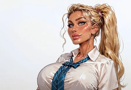 safe_pos, embedding:urn:air:sd1:embedding:civitai:222256@250708, score_9, score_8_up, score_7_up,milfpeaches, cute girl, blonde hair,high ponytail hair, beautiful face, seductive expression, (huge Breasts), implants, blue eyes, oily skin, glitter,( school uniform, shirt, tartar skirt, covered chest), hourglass body, portrait, photoshoot, (white background), view from the front, focus on face, unbuttoning shirt, opening shirt seductively ,milfpeaches
