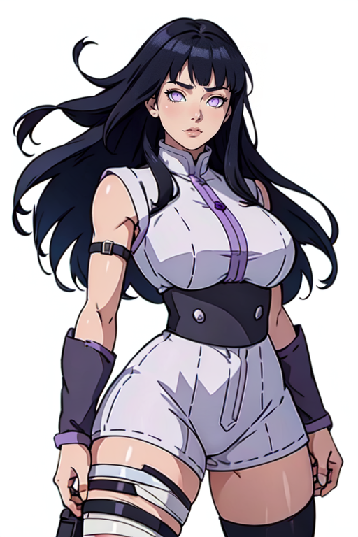 masterpiece,best quality,extreme detail,8k,white background,<lora:hinata:0.7>,hinata2,1girl,solo,long hair,looking at viewer,simple background,black hair,thighhighs,white background,standing,purple eyes,==boots,bandages,knee boots,toeless footwear,cowboy_shot,upper_body,large breats, wide hips,