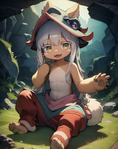 masterpiece, best quality, ultra-detailed, illustration, epic lighting, cinematic composition, anime, 2d, 1girl, (furry, furry female, fluffy:1.2), flat chest, long gray hair, bangs, sidelocks,solo, happy, open mouth, smile, :3, fangs, nanachipants, nanachihat, sitting, looking at viewer, underground, cave, cliff, grass, rocks, moss, fantasy, (8k:1.1), <lora:nanachiMadeInAbyss_charNanachi:1>