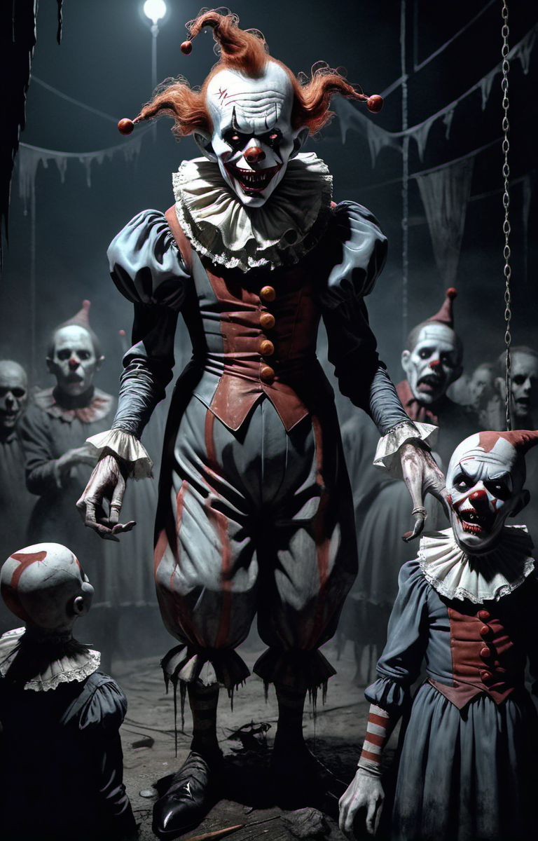 Horror-themed by peter de seve,(masterful but extremely beautiful:1.4),(masterpiece, best quality:1.4),in the style of nicola samori,Distorted,malevolent clowns,horror,macabre,circus of terror,twisted humor,creepy atmosphere,nightmarish visuals,surrealistic,eerie lighting,vibrant colors,highly detailed,by John Kenn Mortensen,, glow effects, godrays, Hand drawn, render, 8k, octane render, cinema 4d, blender, dark, atmospheric 8k ultra detailed, cinematic, Sharp focus, big depth of field, Masterpiece, 3d octane render, 8k, concept art, trending on artstation, hyperrealistic, extremely detailed CG unity 8k wallpaper, trending on CGSociety, Intricate, High Detail, dramatic . Eerie, unsettling, dark, spooky, suspenseful, grim, highly detailed