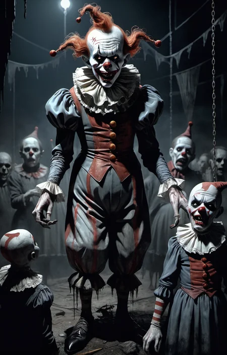 Horror-themed by peter de seve,(masterful but extremely beautiful:1.4),(masterpiece, best quality:1.4),in the style of nicola samori,Distorted,malevolent clowns,horror,macabre,circus of terror,twisted humor,creepy atmosphere,nightmarish visuals,surrealistic,eerie lighting,vibrant colors,highly detailed,by John Kenn Mortensen,, glow effects, godrays, Hand drawn, render, 8k, octane render, cinema 4d, blender, dark, atmospheric 8k ultra detailed, cinematic, Sharp focus, big depth of field, Masterpiece, 3d octane render, 8k, concept art, trending on artstation, hyperrealistic, extremely detailed CG unity 8k wallpaper, trending on CGSociety, Intricate, High Detail, dramatic . Eerie, unsettling, dark, spooky, suspenseful, grim, highly detailed