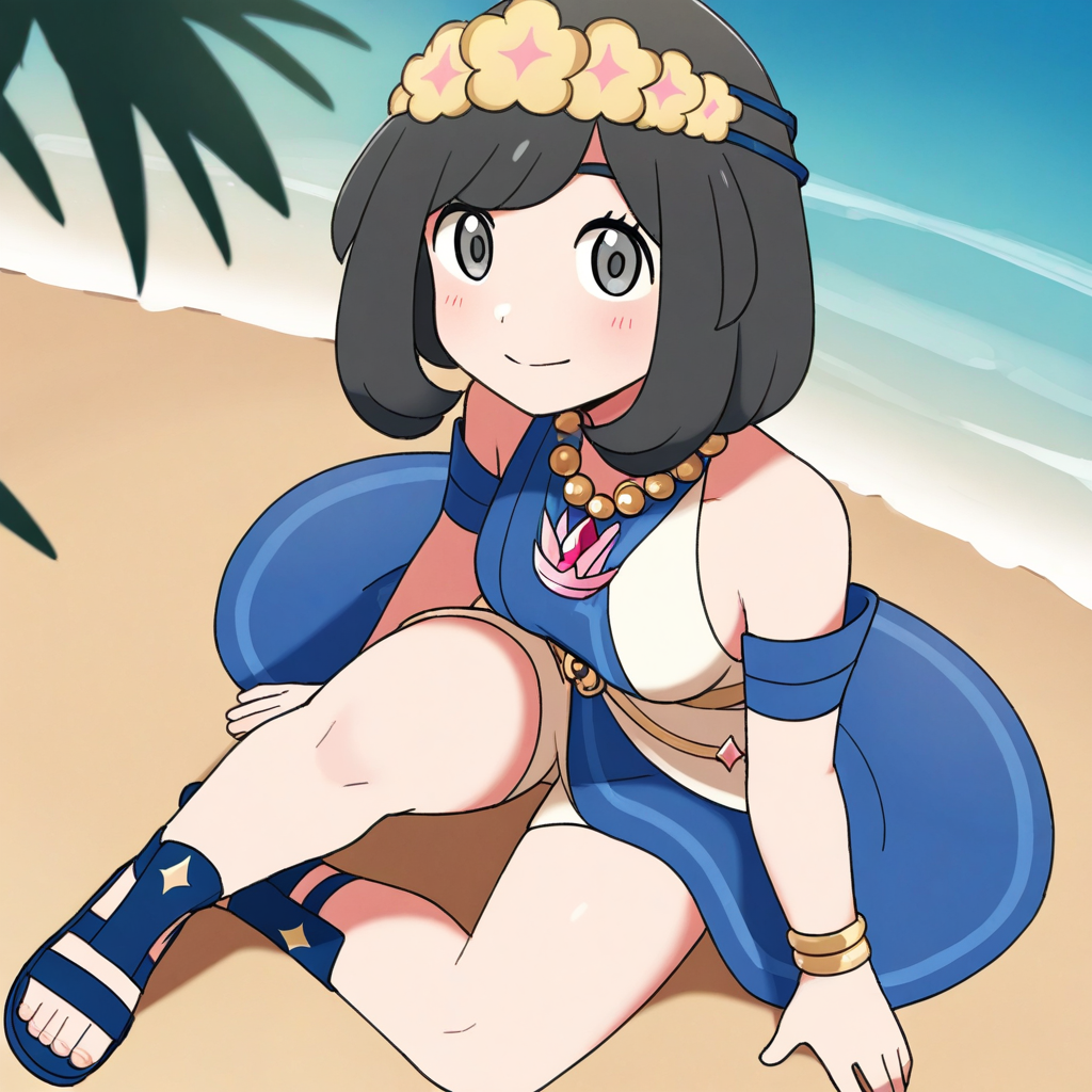 2d, masterpiece, best quality, amazing quality, highres, absurdres, newest, 1girl, solo, sitting, beach, from above, dutch angle, looking at viewer, medium breasts, mature female, ncselene, grey eyes, black hair, short hair, bangs, flower wreath, head wreath, bead necklace, sleeveless dress, blue dress, white dress, bare shoulders, armlet, bracelet, sandals, toes, blue footwear