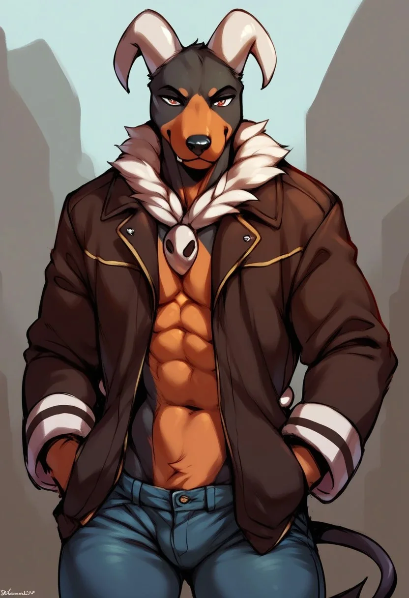 score_9, score_8_up, score_7_up, score_6_up, score_5_up, score_4_up, source_furry, source_anime, BREAK, (male: houndoom, anthro, male:1.2), ( curved horn, horns, black fur ,brown countershading, countershade fur, spade tail :1.3), (anthro houndoom, jacket, jeans, bad boy, :1.6) (outdoors:1.1),
,