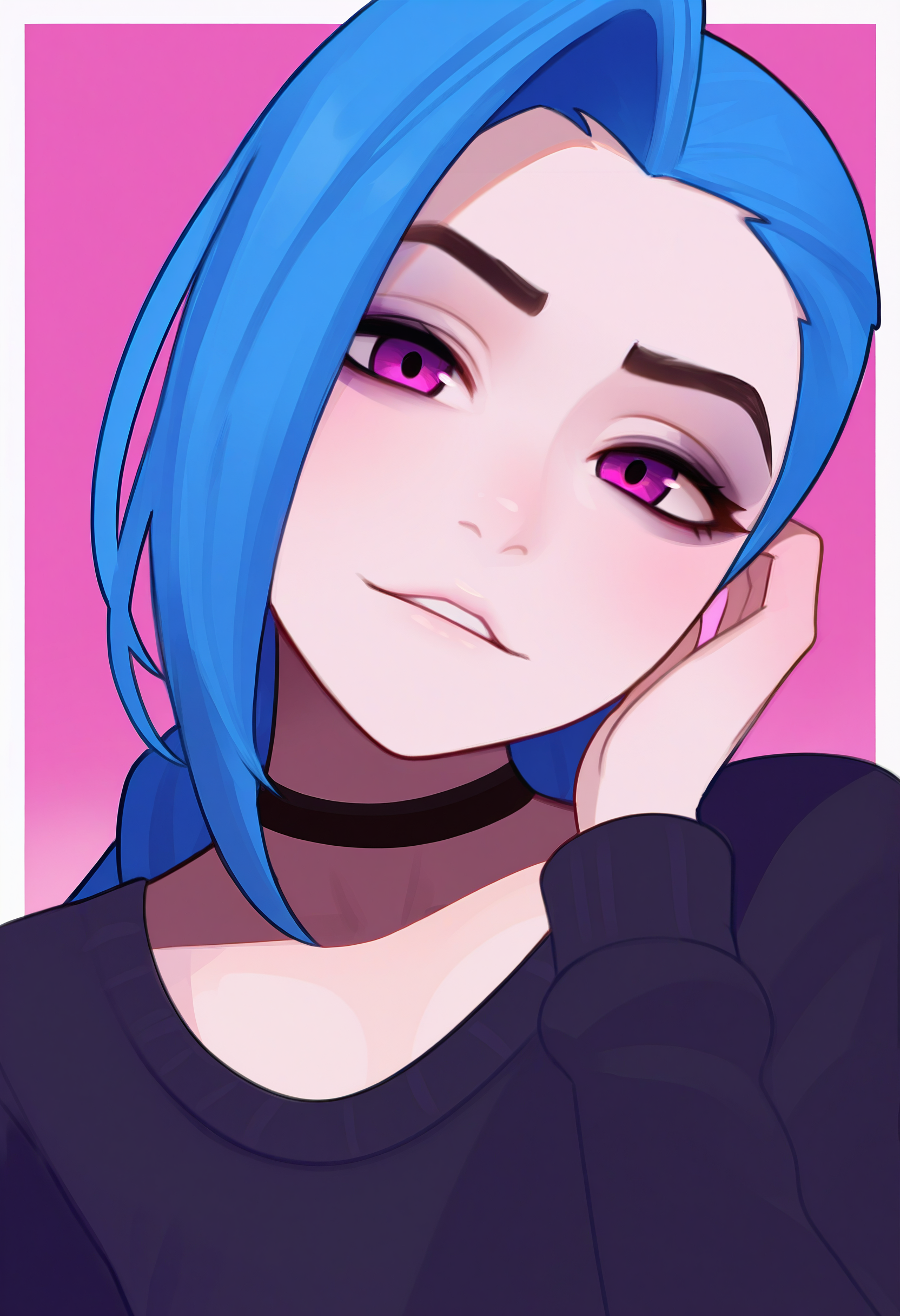 1girl, solo, jinx \(league of legends\), sweater, long sleeves, portrait, black shirt, pink background, white border, head tilt, looking at viewer, 
masterpiece, best quality, <lora:rezodwel-guy90-Illust-Lycorisv1:1> rezwel