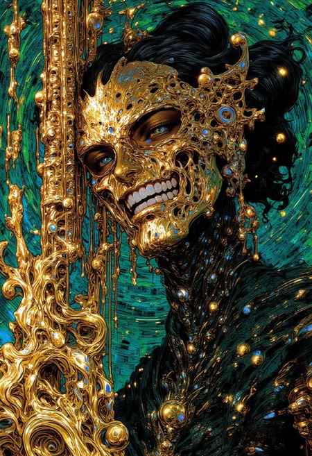 A hyper-realistic, highly stylized digital portrait (Frank Frazetta fantasy oil painting) of a person with a surreal, otherworldly appearance, set against a gradient background transitioning from deep teal at the bottom to lighter teal at the top, with a subtle green tint enhancing the dreamlike atmosphere. Their metallic skin glistens in shades of gold and bronze, smooth and liquid-like, reflecting light in mesmerizing ways. They wear large, glittering sunglasses encrusted with tiny gems that shimmer and reflect the surrounding light, adding an ethereal quality. Cascading from the sunglasses, long strands of iridescent beads float like liquid threads, enhancing the futuristic aesthetic. The person's face is partially obscured by the glasses, with only a hint of their eyes visible through the reflective lenses, suggesting quiet contemplation. Their lips are slightly parted, evoking mystery. The background features a surreal optical illusion of concentric circles and interlocking geometric shapes, creating a 3D depth that distorts the space around the subject. The metallic skin and shimmering beads blend seamlessly into the glowing background, blurring the boundary between subject and environment, crafting a hypnotic and enigmatic effect. Flawless masterpiece, HD, 8k, ultra-detailed, flawless anatomy, masterpiece artwork.