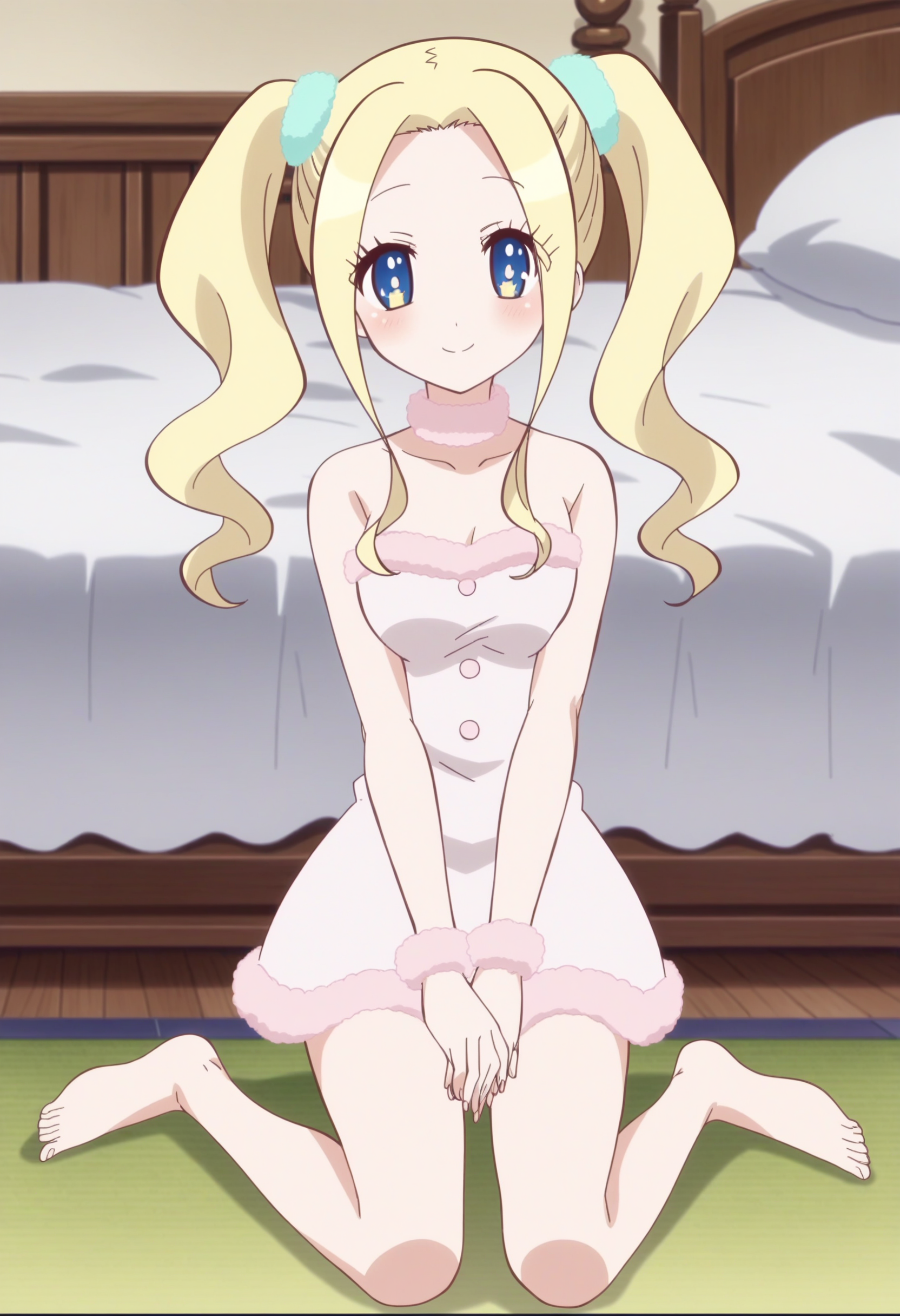 score_9, score_8_up, score_7_up, score_6_up, score_5_up, score_4_up , anime coloring ,BREAK source_anime, anime,screencap,
1girl, solo, gjbu geraldine, white dress, fur trim, pink collar, pink scrunchie, fur collar, blue hair ornament, pink fur trim, bare shoulders, one-piece dress, twintails, barefoot, <lora:PonyXL GJBU Geraldine V1:1>
indoors, bedroom, sitting on bed,
smile, looking at viewer,