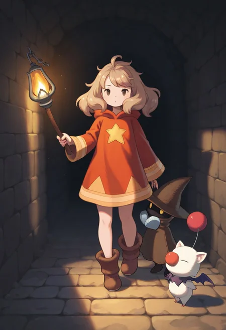 1girl, moogle, black mage clothes, frizzy hair, soot, tiny robot familiar, dungeon, torchlight, (final fantasy tactics style, by Akihiko Yoshida:1.1), masterpiece, best quality, newest, absurdres, highres, detailed, extremely detailed, very awa,