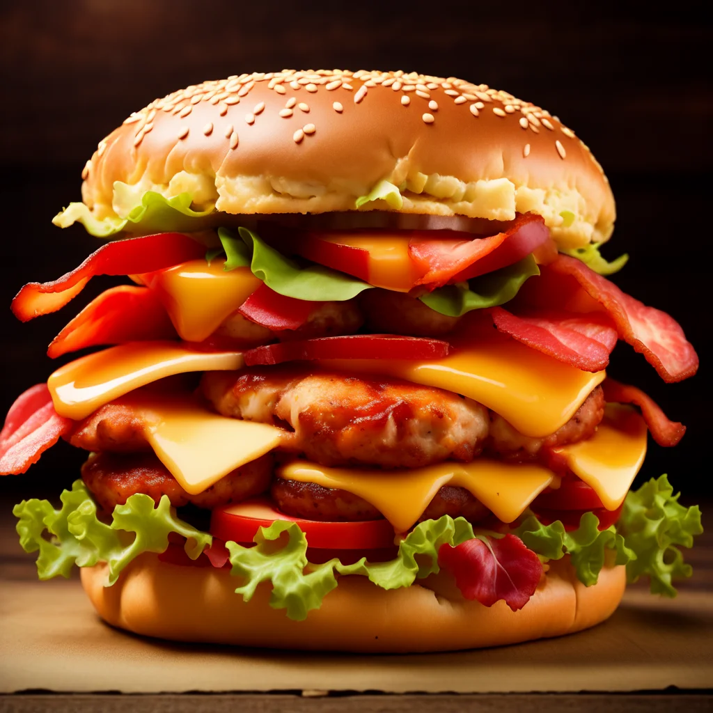 photo (QuadBurger style:1) a large hamburger with bacon, cheese, lettuce, tomato and <lora:djzQuadBurgerV21:1>