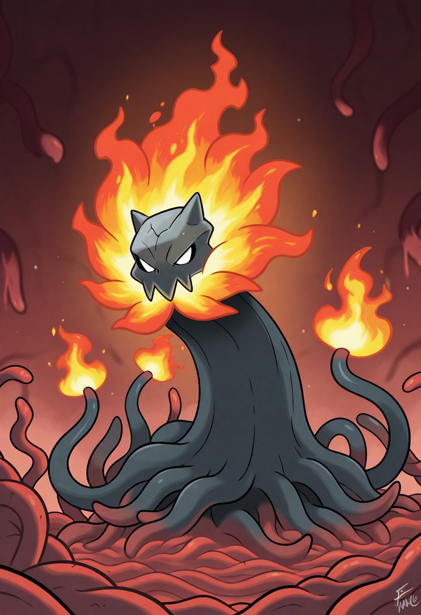 fakemongenone,  its middle stage this carbon creature has turned into a menacing magma monster. Now it resembles plants that reside in tropical/volcanic areas such as the sundew, pencil cactus and the ʻōhelo ʻai. This fiery fiend's tendrils are shaped like the arms of a sundew with its sticky lava-coated tentacles. Some of the molten vines on its head have berries growing on them like that of the ʻōhelo ʻai. The bottom roots on this flaming flora look like clumps of pencil cacti that form several smooth, sizzling and succulent branches. Small spurs also adorn this igneous monster as it is constantly screaming too.masterpiece, best quality, amazing quality,fakemongenone