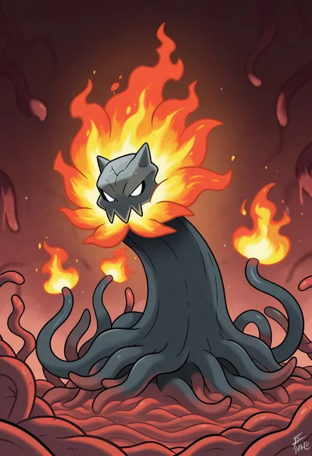 fakemongenone, its middle stage this carbon creature has turned into a menacing magma monster. Now it resembles plants that reside in tropical/volcanic areas such as the sundew, pencil cactus and the ʻōhelo ʻai. This fiery fiend's tendrils are shaped like the arms of a sundew with its sticky lava-coated tentacles. Some of the molten vines on its head have berries growing on them like that of the ʻōhelo ʻai. The bottom roots on this flaming flora look like clumps of pencil cacti that form several smooth, sizzling and succulent branches. Small spurs also adorn this igneous monster as it is constantly screaming too.masterpiece, best quality, amazing quality,fakemongenone