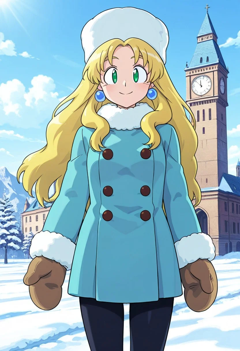 score_9,score_8_up,score_7_up,source_anime,5_figner,2d_animation,game cg,BREKE,1girl,solo,
Kalinka Xover,fur hat,bangs,blue coat,blonde hair,long hairgreen eyes,winter clothes,fur trim,buttons,earrings,pantyhose,jewelry,mittens,
front view,cowboy short,looking at viewer,
smile,
russia background,snow,cloud,castle,Clock Tower,
masterpiece,best qualit,ultra-detailed,illustration,an extremely delicate and beautiful,beautiful detailed eyes,unity 8k wallpaper,high resolution,anime CG,official_art,