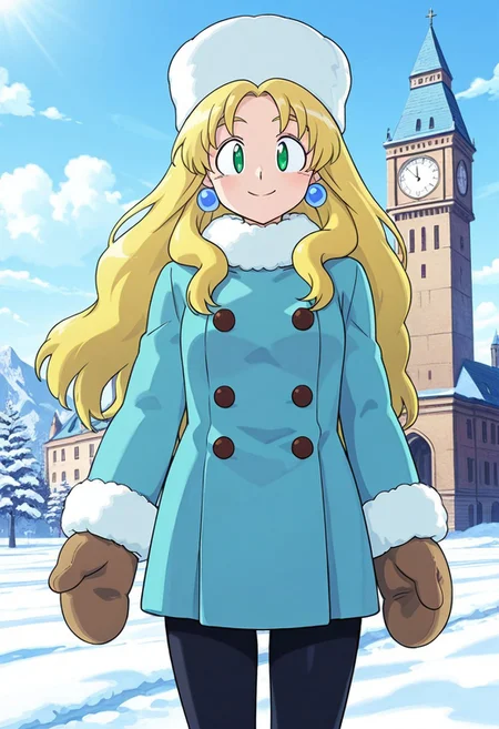score_9,score_8_up,score_7_up,source_anime,5_figner,2d_animation,game cg,BREKE,1girl,solo,
Kalinka Xover,fur hat,bangs,blue coat,blonde hair,long hairgreen eyes,winter clothes,fur trim,buttons,earrings,pantyhose,jewelry,mittens,
front view,cowboy short,looking at viewer,
smile,
russia background,snow,cloud,castle,Clock Tower,
masterpiece,best qualit,ultra-detailed,illustration,an extremely delicate and beautiful,beautiful detailed eyes,unity 8k wallpaper,high resolution,anime CG,official_art,