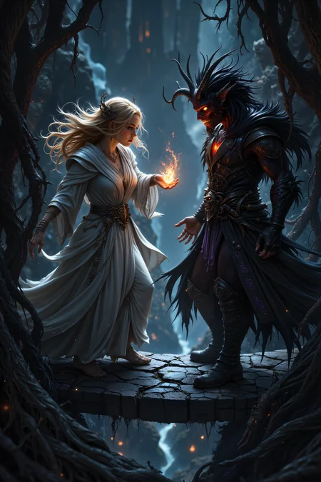 A hyper-realistic portrait, photorealistic photo close-up image of A close-up portrait of a middle-aged, female aasimar cleric with long, golden hair and soft, glowing skin, wearing a flowing white robe adorned with silver trim, her gentle eyes filled with compassion as she reaches out a hand. Across from her, a young, male tiefling warlock with wild, unkempt black hair and dark red skin, wearing a black leather coat lined with purple runes, sneers at her with disdain. His glowing, fiery eyes contrast sharply with her serene demeanor. They stand on a narrow stone bridge suspended over a bottomless abyss, swirling with shadowy tendrils. The tension between their opposing alignments is palpable in the dim, foreboding light. (fantasy, intense atmosphere, contrasting emotions, dynamic lighting, high detail) (photography, high-resolution, dynamic, energetic,hyper-realistic, dramatic lighting, shallow depth of field.), detailmaximizer, MythP0rt<lora:midjourney_whisper_flux_lora_v01:0.55><lora:aidmaMJ6.1-FLUX-V0.1:0.4><lora:FluxMythP0rtr4itStyle:0.4><lora:detailed_flux_ntc:2.2><lora:aidmaImageUpgrader-FLUX-V0.1:0.65>