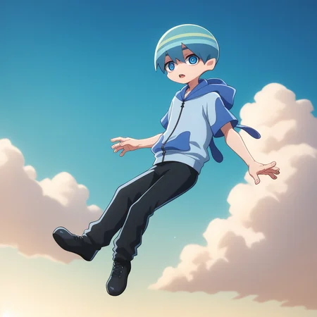 score_9,score_8_up,score_7_up,score_6_up,score_5_up,score_4_up,toshi hatano,1boy,male focus,solo,hood,hoodie,open mouth,full body,rabbit hood,looking at viewer,pants,black pants,floating,black footwear,zipper,zipper pull tab,official art,<lora:Myth_of_Emotions_V1-1:1>,sky,falling,cloudy sky,