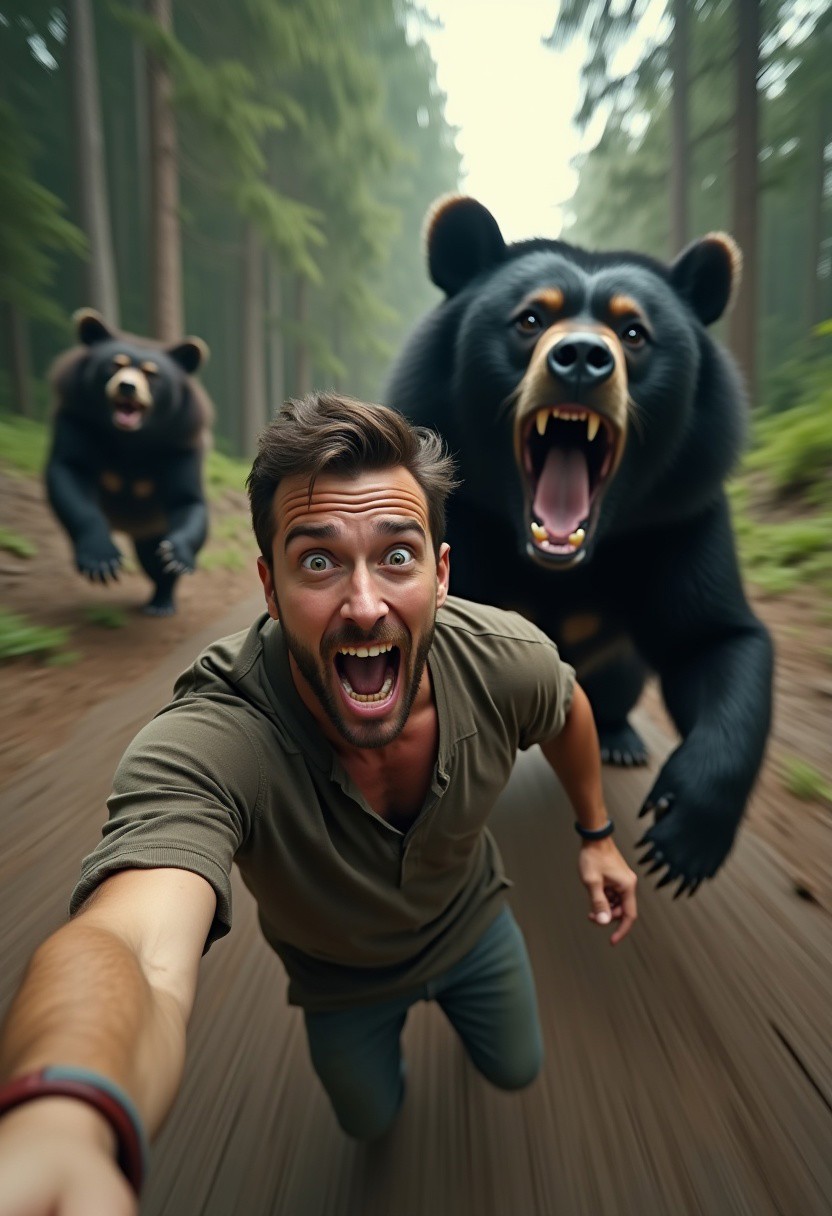 An ultra-realistic, high-definition 8K image of a man holding a camera in his hand, taking a selfie while running at full speed, with a massive black bear chasing him from behind. The man is mid-stride, his body angled slightly forward, clearly pushing himself to his physical limits to escape. His facial expression is a mix of pure terror and adrenaline, with wide-open eyes and his mouth in a scream or shout. Sweat drips down his face, and his clothes are slightly disheveled from the intense movement. The black bear behind him is enormous and menacing, with sharp teeth bared and powerful muscles visible beneath its thick, glossy fur. Its claws dig into the dirt as it charges aggressively. The proximity between the man and the bear creates an edge-of-your-seat tension. The scene is shot in a dramatic GoPro-style wide-angle perspective, emphasizing the man in the foreground while showing the bear looming in the background. Motion blur enhances the feeling of high-speed movement, with the dense forest around them slightly out of focus due to the action. The forest features tall trees with sunlight filtering through the canopy, casting dappled light and shadows. The ground is covered with leaves, dirt, and roots, creating a dynamic, rugged environment. Every detail, from the man's sweat to the bear's fur and the forest's textures, is rendered with photorealistic clarity. The overall atmosphere is intense, cinematic, and adrenaline-fueled.creativity.